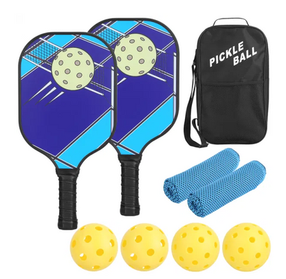 Pickleball Set of 2 Fiberglass Paddles, 4 Balls, Carry Bag, and 2 Cooling Towels