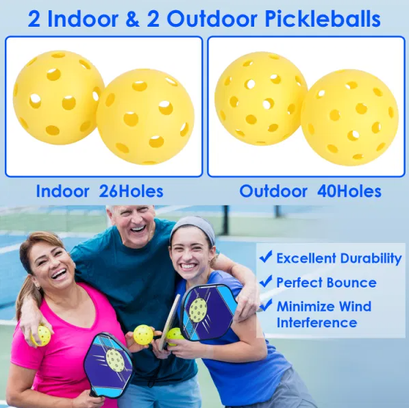 Pickleball Set of 2 Fiberglass Paddles, 4 Balls, Carry Bag, and 2 Cooling Towels