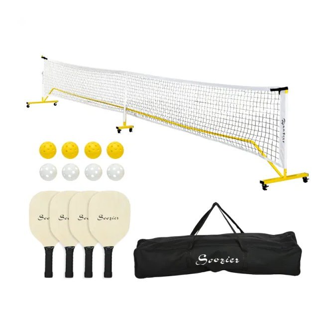 Soozier Brand Pickleball Set with 22 ft Net, 4 Wooden Paddles, 8 Pickleballs, and 1 Carry Bag