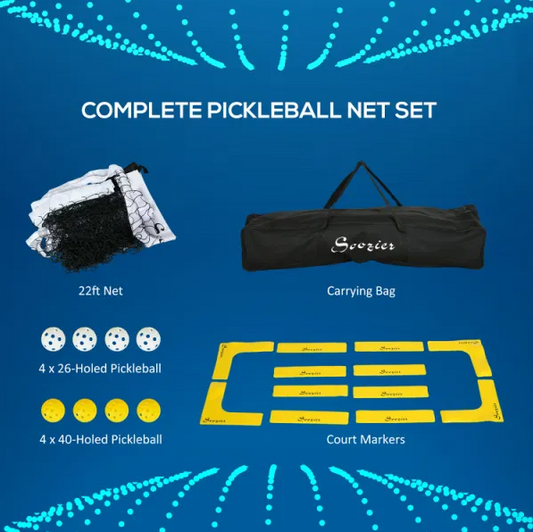 Soozier Brand Pickleball Set with 22 ft Net, 4 Wooden Paddles, 8 Pickleballs, and 1 Carry Bag