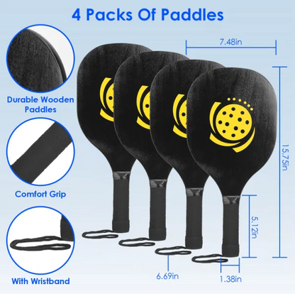 Pickleball Set with Net, 4 Wooden Paddles, 4 Balls, and a Carrying Bag