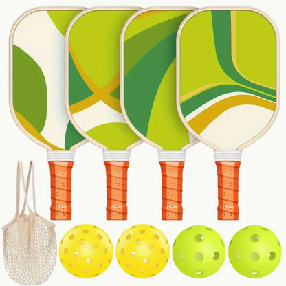 Premium Wood Pickleball Set of 4 Ergonomic Paddles and 4 Balls Indoor and Outdoor With Carry Bag